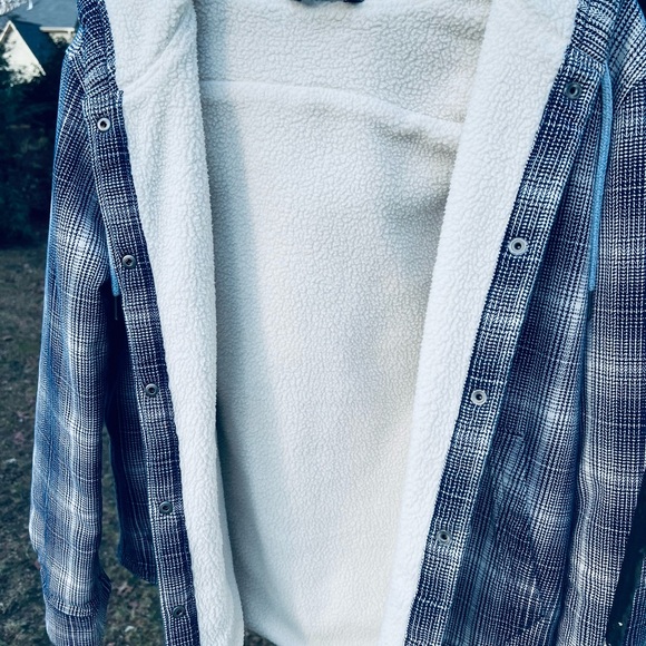 North Face Navy Blue Plaid Sherpa-Lined Hooded Jacket - Picture 5 of 6